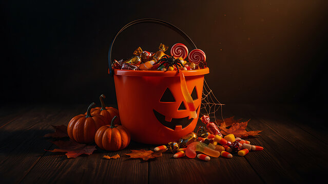 Classic orange pumpkin bucket filled with assorted Halloween treats alongside small gourds on a dark background created with generative AI