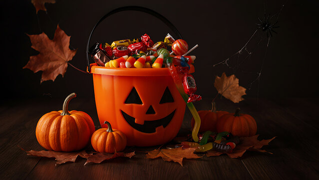 Smiling pumpkin trick-or-treat pail brimming with Halloween sweets surrounded by autumn leaves and mini pumpkins created with generative AI