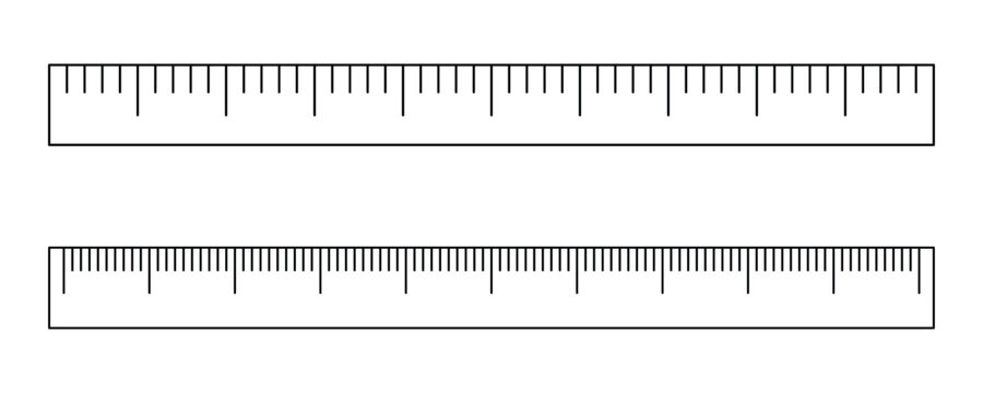 Parallel rows black measurement ruler scale isolate on white background. Centimeter and inch size indicators ruler scale to represent quantification and sizing.