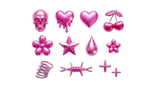 Set of 3d metallic pink y2k aesthetic icons including skull, melting heart, cherries, star, flower, barbed wire, and spring isolated on transparent background