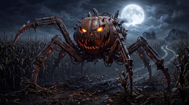 Scary Mechanical Pumpkin Spider Monster in Cornfield at Night