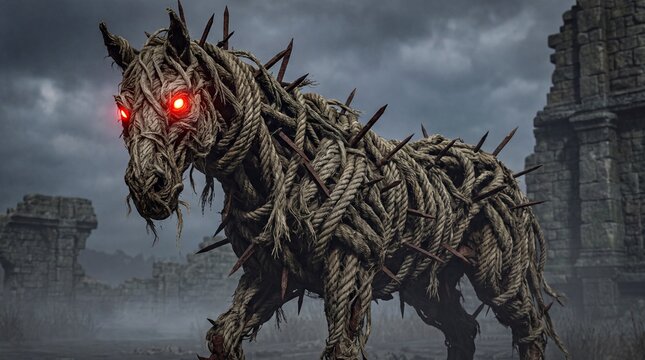Dark fantasy rope horse monster with glowing red eyes