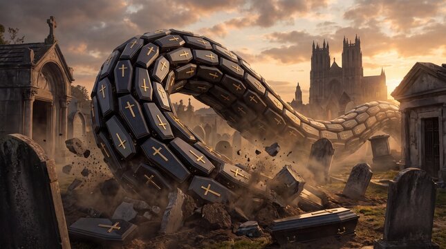 Fantasy Serpent Made of Coffins Emerging in Gothic Graveyard
