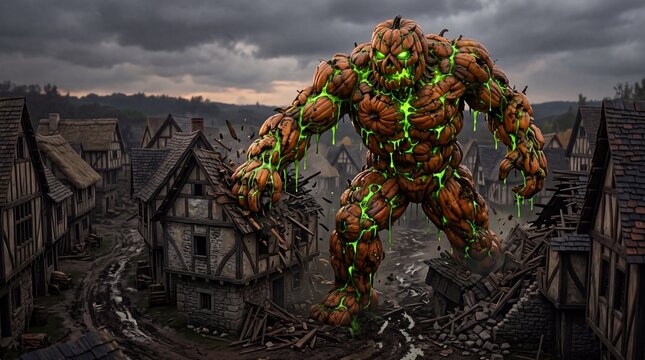 Giant Pumpkin Monster Destroying Medieval Village at Twilight