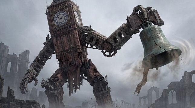 Giant steampunk clock tower golem holding massive bell weapon
