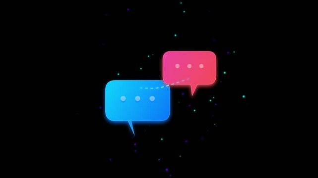 Neon chat bubbles communication animation with floating particles