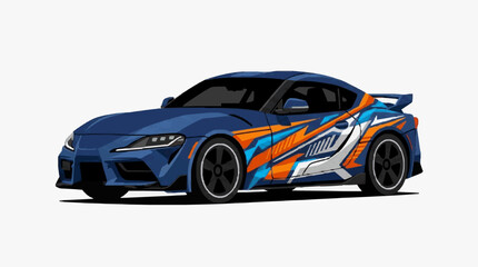 Naklejka premium Stylish Racing Sports Car with Vibrant Blue Orange and White Camouflage Design