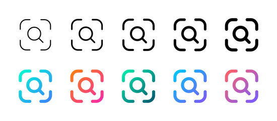 Obraz premium Set of search scan icons featuring a central magnifying glass within framed view corners, shown in varying stroke weights and vibrant gradient fills for camera scanning and image search UI.