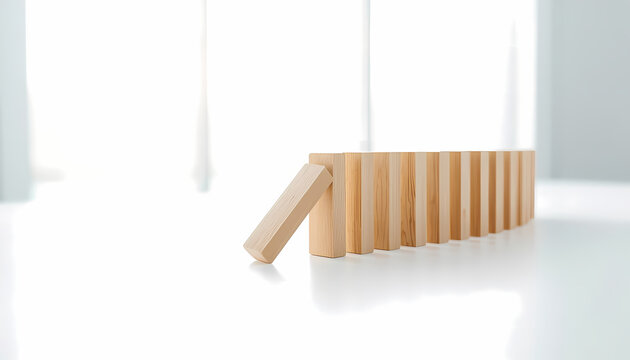 Wooden domino blocks on white desk with glowing touch point symbolizing corporate change management and transformation