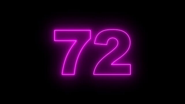 Neon text 72 number countdown icon, neon number 72 with alpha channel, neon numbers, Bright neon glowing number 72 on background 4k animation