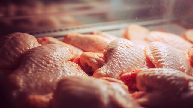 Packaged Chicken Wings Raw chicken drumsticks and thighs displayed closely together under warm lighting.