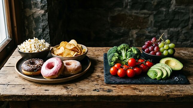 Healthy versus unhealthy food choice comparison on wooden table