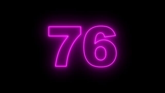 Neon text 76 number countdown icon, neon number 76 with alpha channel, neon numbers, Bright neon glowing number 76 on background 4k animation