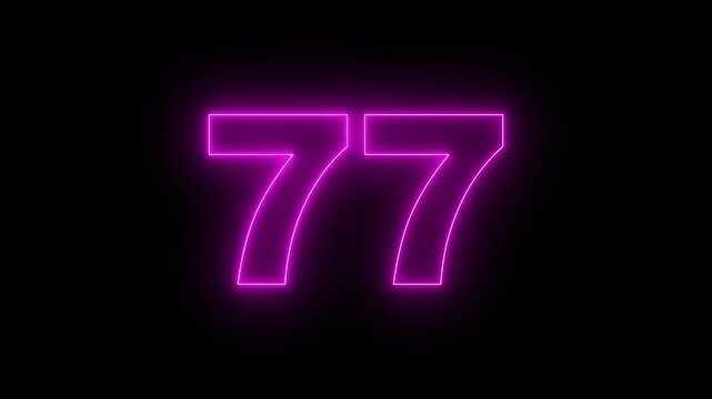 Neon text 77 number countdown icon, neon number 77 with alpha channel, neon numbers, Bright neon glowing number 77 on background 4k animation