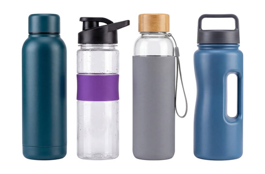 Set of various water bottles isolated on transparent background