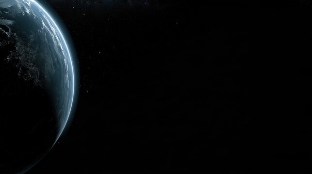 Partial view of planet Earth in dark outer space with tiny bright stars, dark night side of blue planet with visible atmosphere from space exploration view