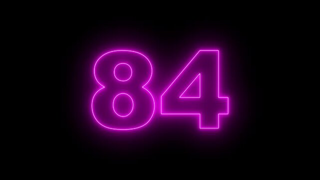 Neon text 84 number countdown icon, neon number 84 with alpha channel, neon numbers, Bright neon glowing number 84 on background 4k animation