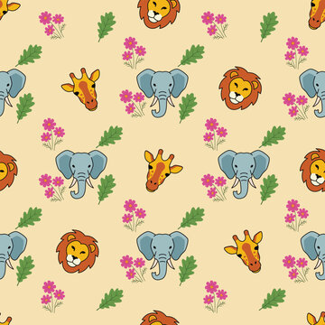 Background with animal patterns of elephants, giraffes, lions and flowers in cream shades