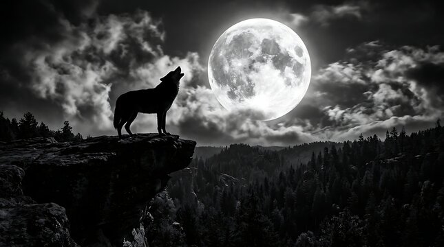 Wild wolf howling at the giant full moon on a cliff in dark night forest