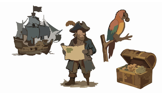 Vintage Pirate Adventure Ship Parrot Treasure and Map Vector Collection