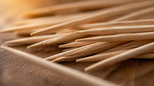 Macro Shot of Pointed Wooden Toothpicks Scattered on a Natural Timber Surface for Dental Hygiene and Cleaning