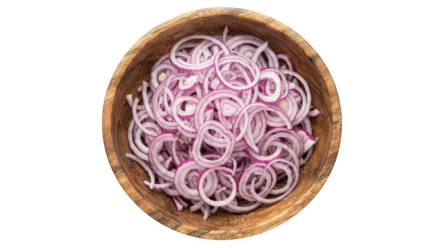 Top view of a wooden bowl filled with thinly sliced fresh red onion rings isolated on transparent background