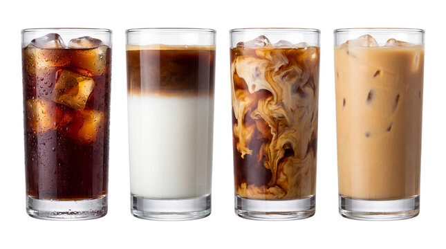 Four types of iced coffee isolated on transparent background