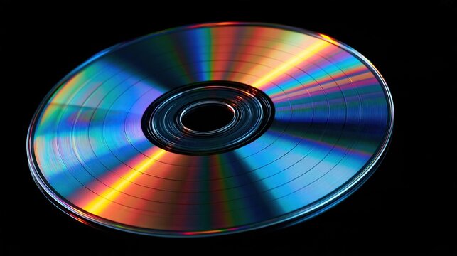 Iridescent rainbow colored refraction on reflective compact disc on solid black background close up view of retro digital data storage optical disc