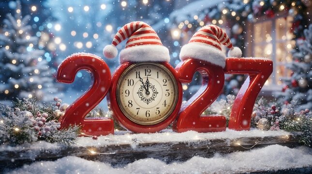 Festive new year 2022 celebration with santa hats and clock in winter wonderland
