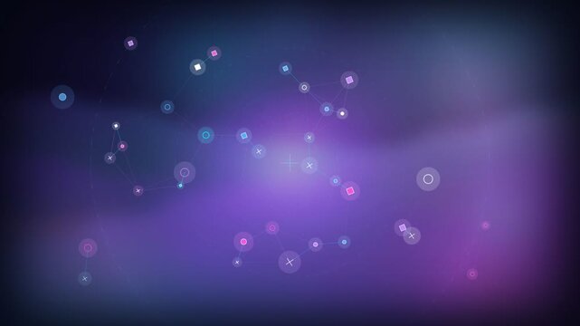 Geometric data nodes connected by thin lines against a soft purple and blue gradient background.
