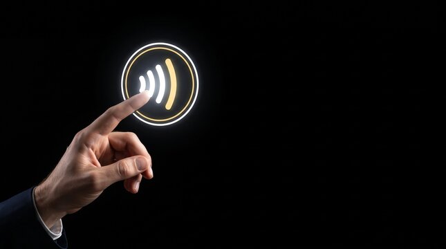 Hand manipulating a glowing curved line and circular interface symbolizing fluidity and connectivity in a high-tech presentation style.