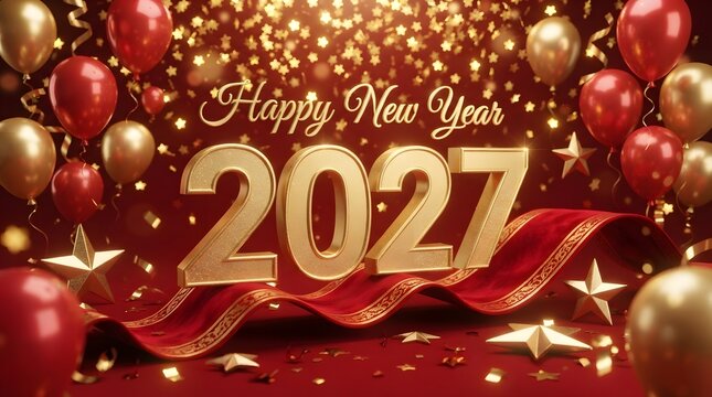 Festive new year 2027 celebration with gold balloons and sparkling confetti background