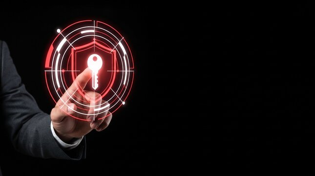 Hand pressing illuminated holographic interface symbolizing digital security and access control on a futuristic touchscreen device.
