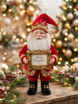 Festive santa claus figurine holding a merry christmas sign with a golden frame and bokeh background