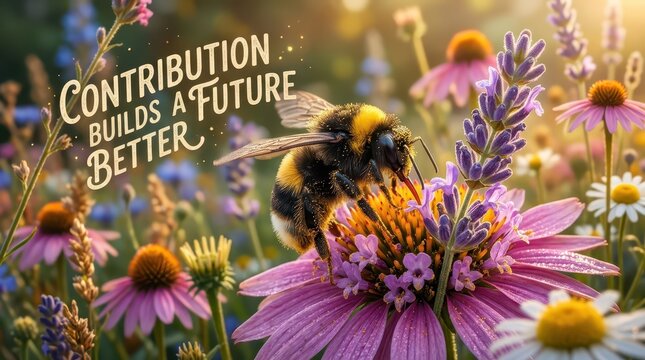 Bumblebee pollinating a vibrant flower in a sunny meadow, symbolizing nature and growth