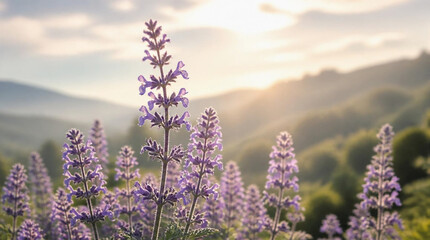 Fototapeta premium Purple Lavender Flowers Blooming in a Field During Golden Hour Sunset with Misty Mountain Background