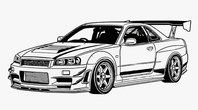 Stylish Racing Car Line Art with Aerodynamic Spoiler and Sport Wheels