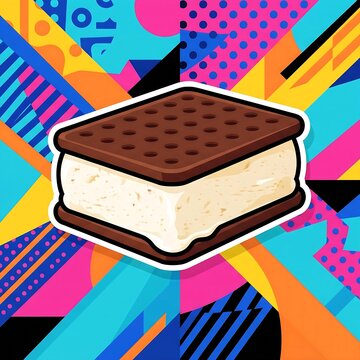 A vibrant pop art poster of a classic ice cream sandwich, geometric patterns, bold colors. 