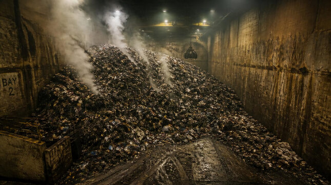 Industrial Pile of Municipal Solid Waste Smoldering in a Landfill Transfer Station with Smoke and Dark Concrete Walls Background