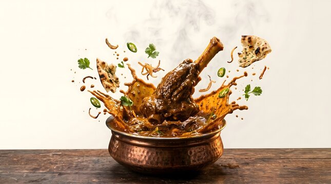 Slow-Cooked Spicy Lamb Shank Curry in Copper Handi with Naan Bread