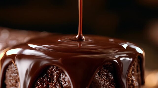 Glossy dark chocolate ganache pouring over a moist chocolate cake and flowing down the sides, warm bokeh background, extreme close-up macro, rich indulgent dessert