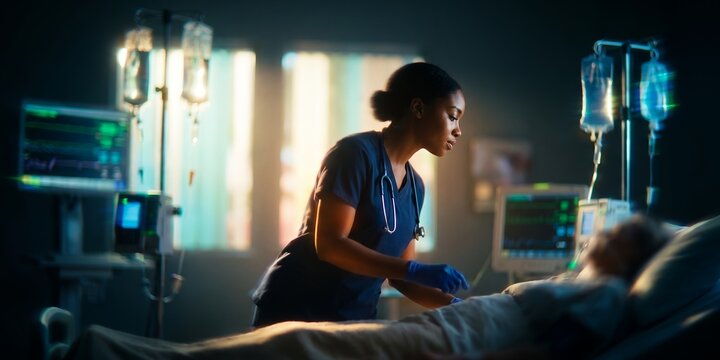 Nurse attending to a bedridden patient showcasing intravenous drip bags, vital monitor screens and hospital equipment, focusing on professional healthcare and compassionate patient care