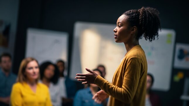 Confident African American businesswoman showcasing public speaking, team presentation and audience engagement, representing corporate leadership and professional mentorship