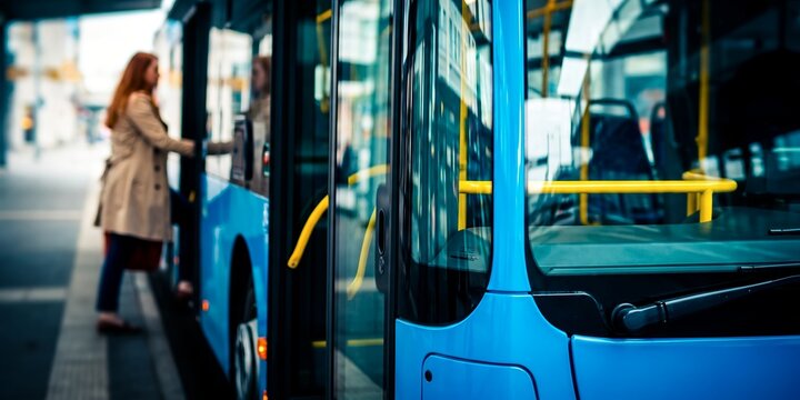 Modern blue public city bus showcasing passenger boarding, open bus door and urban transit station, representing daily commuter travel and sustainable urban mobility