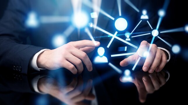 Businessman hands interacting with digital network interface showcasing glowing user icons, connected nodes and abstract data lines, representing global business connectivity and social networking