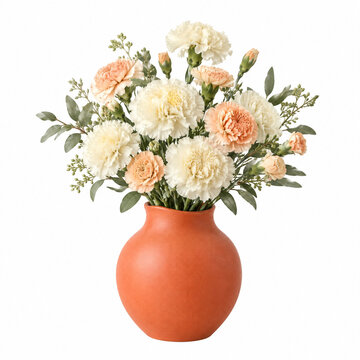 A bouquet of white and peach carnations in a round, terracotta vase, arranged with green foliage, on a white background. Suitable for home decor or floral design themes.