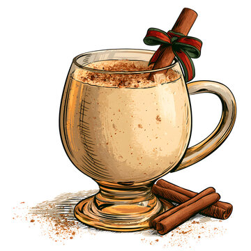 Festive eggnog in a glass mug with cinnamon sticks and ribbon