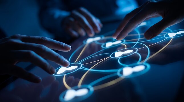 Digital network interface and user icons showing connected profiles, interactive smart screen and touch interaction, representing global business communication and online team collaboration