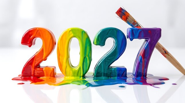Colorful 2027 numbers painted with a brush on a bright white background for celebration