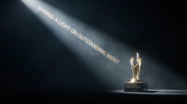 Golden trophy under a spotlight celebrating outstanding merit